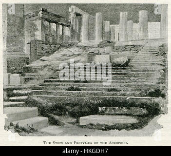 La peinture de John Pentland Mahaffy 'les marches et les Propylaea de l'Acropole' de 1890 capture la grandeur de l'ancienne Acropole grecque. L'image se concentre sur les marches emblématiques menant à la Propylaea, la porte monumentale de l'Acropole, reflétant l'éclat architectural de la Grèce classique. Banque D'Images