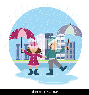 Les enfants avec des parasols sous la pluie. les enfants sur marche. vector illustration Banque D'Images