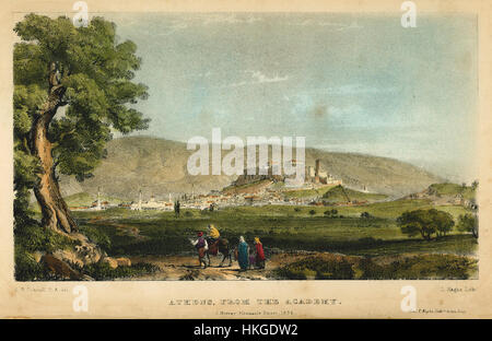 Une peinture de Christopher Wordsworth de 1837, intitulée 'Athènes, de l'Académie', représentant la ville grecque antique d'Athènes avec une vue de l'Académie, reflétant son héritage classique. Banque D'Images