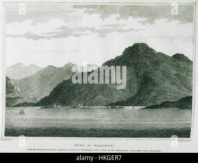 La peinture du golfe de Glaucus réalisée en 1824 par Edward Daniel Clarke présente l'île avec des vestiges de l'architecture génoise. La peinture met également en valeur les montagnes environnantes qui séparent la carie, reflétant l’importance historique et géographique de la région. Banque D'Images