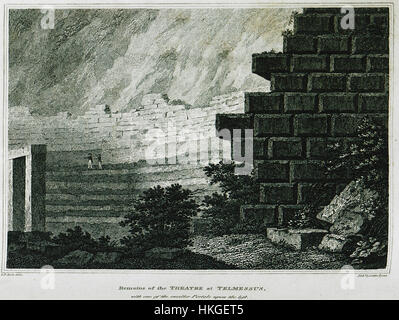 La peinture d'Edward Daniel Clarke de 1824 sur les ruines du théâtre de Telmessus présente des éléments architecturaux détaillés, dont un portail plus petit sur le côté gauche. La pièce capture la grandeur et la décadence de cet ancien site. Banque D'Images