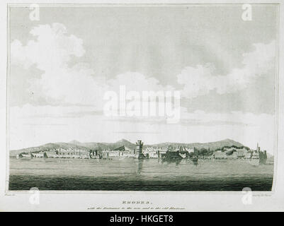 Le tableau d'Edward Daniel Clarke de 1824 représente l'entrée de l'ancien et du nouveau port de Rhodes. La scène détaillée met en valeur le port historique de l'île et son importance stratégique en Méditerranée. Banque D'Images