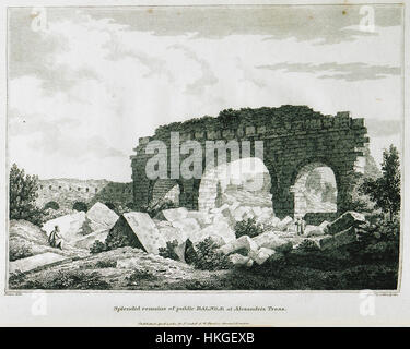 Une peinture d'Edward Daniel Clarke de 1824, illustrant les splendides vestiges des bains publics (Balnea) à Alexandrie Troas, offrant un aperçu de l'architecture romaine et de la vie culturelle de la ville antique. Banque D'Images
