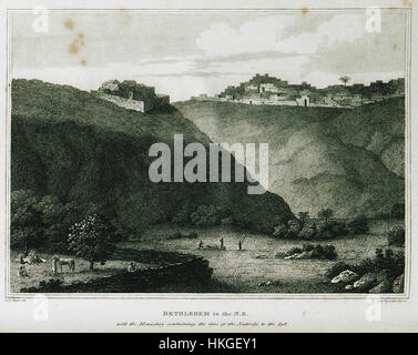 Un tableau de 1824 d'Edward Daniel Clarke, représentant Bethléem du nord-est, avec le monastère et la grotte de la Nativité à gauche. L'œuvre d'art capture l'importance historique et religieuse de la région. Banque D'Images