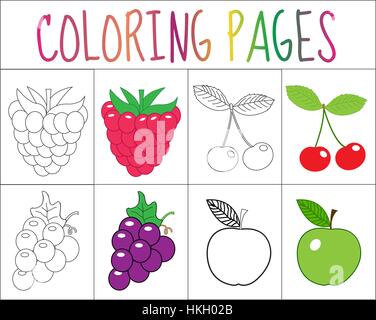 Ensemble de pages à colorier. Collection de fruits. Sketch et version couleur. pour les enfants. L'éducation des enfants. Vector illustration Illustration de Vecteur