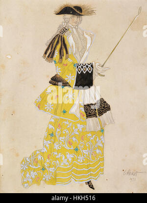 Cette œuvre de Léon Bakst capture une scène dramatique du ballet « belle au bois dormant ». L'utilisation emblématique de Bakst de couleurs vibrantes et de dessins complexes reflète l'opulence du théâtre du début du XXe siècle Banque D'Images