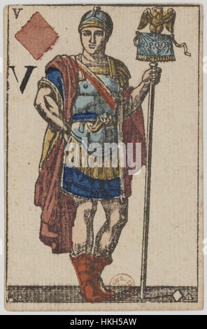 Le jeu de cartes du premier Empire français de 1810 comprend le Valet de carreau, un motif de carte détaillé et orné de l'époque napoléonienne. Cette carte reflète le style néoclassique et l'esthétique historique de l'époque. Banque D'Images