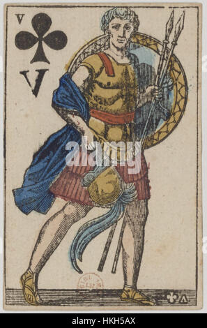 Le jeu de cartes du premier Empire français de 1810 présente le Valet de trèfle, offrant une illustration détaillée dans le contexte historique de la France napoléonienne. Banque D'Images