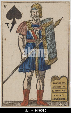 Le Valet de pique du jeu de cartes du premier Empire français de 1810 représente l'art et le design de la France du début du XIXe siècle, capturant la grandeur et le style de l'époque. La carte présente des éléments artistiques détaillés caractéristiques de la conception de la carte de l'époque. Banque D'Images