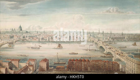 Une peinture de Gideon Yates représentant la Tamise, montrant Blackfriar's Bridge, la cathédrale Paul, London Bridge et le Monument. Cette œuvre capture les monuments emblématiques de Londres dans une vue historique. Banque D'Images