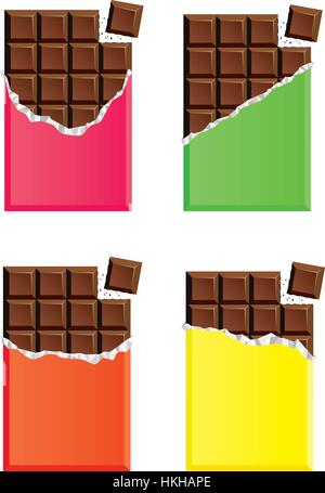 Vector collection de tablettes de chocolat noir ouvert avec un morceau de barre de chocolat, rose, vert, orange et jaune emballage papier Illustration de Vecteur