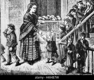 1879 : La distribution de la nourriture aux enfants dans les cinq points d'asile au cours de la Mission l'action de grâce à New York, États-Unis d'Amérique. Banque D'Images