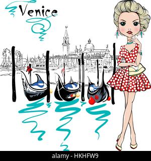 Cute fashion girl à Venise, Italie. Illustration de Vecteur