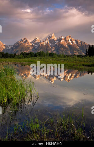 Les Tetons reflétant au lever du soleil dans les eaux calmes des étangs de castor à l'atterrissage à Schwabacher Grand Teton National Park. Banque D'Images