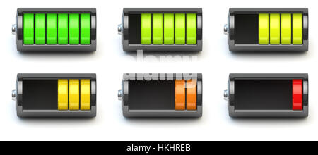 La charge de la batterie. Indicateurs de charge de la batterie isolé sur blanc. 3d illustration Banque D'Images