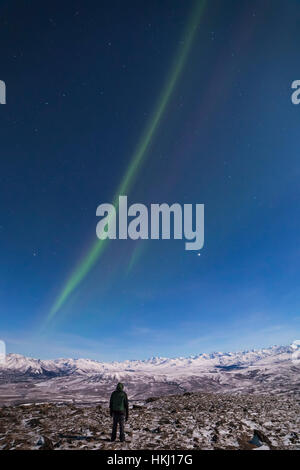 Un homme observe Une mince traînée de l'Aurora Borealis qui s'élève au-dessus de la chaîne de l'Alaska depuis le sommet du dôme de Donnelly, au sud de la jonction du delta (le... Banque D'Images