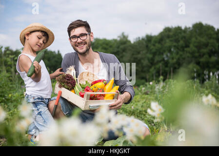 Mid adult man avec son fils la cueillette des légumes de jardin communautaire, Bavière, Allemagne Banque D'Images