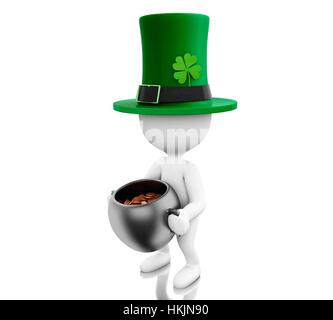 Moteur de rendu 3d illustration. Les blancs avec chapeau et pot de pièces d'or. St Patricks day concept. Isolé sur fond blanc. Banque D'Images