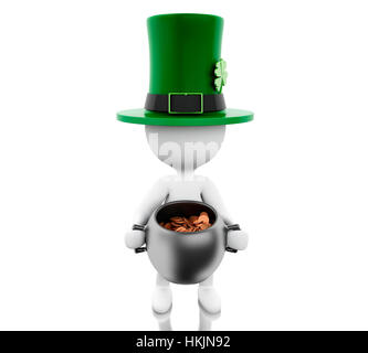 Moteur de rendu 3d illustration. Les blancs avec chapeau et pot de pièces d'or. St Patricks day concept. Isolé sur fond blanc. Banque D'Images