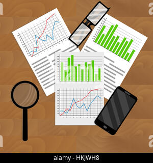 Analyste d'affaires rapport annuel. Rapport de marketing et l'espace de travail avec l'analyse graphique et graphique, vector illustration Banque D'Images