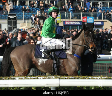 Vainqueur de l'Upsilon Bleu monté par jockey Henry Brooke après le Sky Bet Première course handicap spécial Steeple Chase durant Sky Bet Chase journée à l'Hippodrome de Doncaster. Banque D'Images