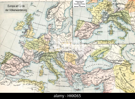 Carte historique, la fin de la période de migration en Europe Banque D'Images