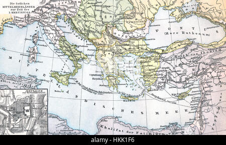 Carte historique de l'est de la Méditerranée au cours de la première période Croisade Banque D'Images