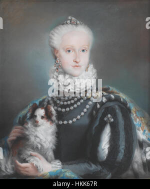 La peinture de Giovanni Battista Tiepolo *Infanta Maria Josefa* représente l’Infante espagnole avec un équilibre royal. L’utilisation habile de la lumière et de l’ombre par l’artiste, combinée à son travail de pinceau complexe, met en évidence son expertise dans la création de portraits de noblesse à l’époque baroque. Banque D'Images