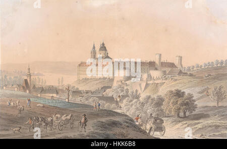 Cette peinture historique représente Stift Melk, une abbaye bénédictine autrichienne, datant d'environ 1835. Connue pour son architecture baroque impressionnante, l'abbaye est un site culturel et religieux important en Autriche, capturant l'essence des religieux du XIXe siècle Banque D'Images