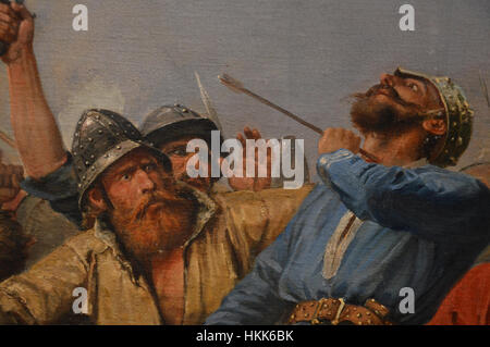 Cette peinture détaillée de la bataille de Stamford Bridge, un événement emblématique de l'histoire anglaise, capture le conflit acharné entre les forces anglo-saxonnes et les envahisseurs norvégiens en 1066. La bataille marque la fin de l'influence viking en Angleterre. Banque D'Images