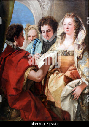 Cette peinture de 1751 de Giovanni Battista Tiepolo intitulée "Die Enthaltsamkeit Scipios" représente une scène de l'histoire romaine, mettant l'accent sur la vertu de l'abstinence illustrée par Scipion. L'œuvre met en valeur l'utilisation magistrale de la lumière et des thèmes classiques par Tiepolo. Banque D'Images