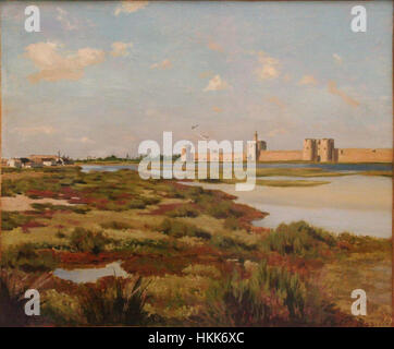 La peinture de Bazille les remparts d'Aigues-mortes capture les remparts médiévaux d'Aigues-mortes, une ville fortifiée du sud de la France. L'œuvre fait partie du mouvement impressionniste, mettant l'accent sur les couleurs vives et la lumière naturelle. Il représente les remparts historiques de la ville et le paysage environnant, offrant un aperçu de la technique de l'artiste et de l'importance culturelle de la ville à la fin du XIXe siècle. Banque D'Images