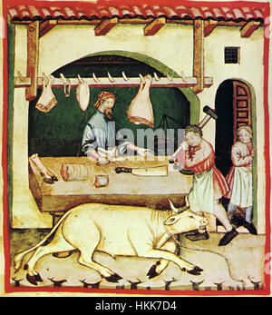 Cette illustration tirée du 'Taccuino Sanitatis' (Livre de la santé) représente différents types de coupes de bœuf. Issue du manuscrit médiéval, cette page met l'accent sur l'importance des bovins et de leurs produits dans le contexte de la santé et de l'alimentation du XIIe siècle. L'illustration est un excellent exemple de connaissances médicales et culinaires médiévales. Banque D'Images