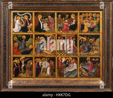 Cette œuvre représente douze scènes de la vie du Christ, créées à Cologne pendant la période médiévale. La série capture des moments clés de la vie du Christ, tels que sa naissance, son ministère et sa crucifixion, rendus dans des couleurs vives et une composition détaillée typique de l'époque. Banque D'Images