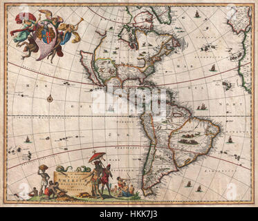 Cette carte de 1658 de Visscher représente l'Amérique du Nord et du Sud au milieu du XVIIe siècle, offrant une perspective unique des Amériques à une époque où l'exploration européenne se développait rapidement. Il met en évidence les frontières politiques et géographiques connues à l’époque. Banque D'Images