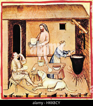 '9-alimenti, formaggi' du Taccuino Sanitatis (Casanatense 4182) est une page manuscrite historique présentant des illustrations médiévales de nourriture et de fromage. Il reflète les connaissances médicales et diététiques de l'époque, avec des représentations détaillées de divers aliments, offrant un aperçu des pratiques nutritionnelles dans l'Europe médiévale. Banque D'Images