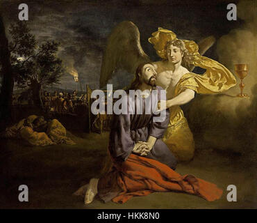« Agonie dans le jardin » d'Adriaen van de Velde représente la scène biblique de Jésus dans le jardin de Gethsémani. Le tableau est réputé pour sa représentation détaillée du moment de prière et d’angoisse avant l’arrestation de Jésus, dans un paysage serein. L’utilisation habile de la lumière et de l’ombre par Van de Velde crée un puissant effet émotionnel. Banque D'Images