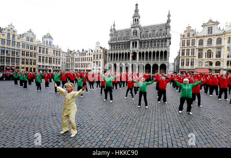 Bruxelles, Belgique. 28 janvier, 2017. Les gens jouent le Taiji pour célébrer la Nouvelle Année lunaire chinoise au centre-ville de Bruxelles, Belgique.Credit : Ye Pingfan/Xinhua/Alamy Live News Banque D'Images