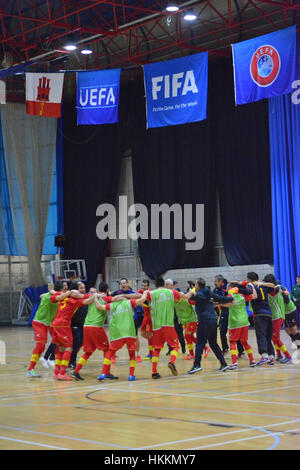 Gibraltar. 29 janvier, 2017. Le Monténégro s'assurer une place dans l'étape suivante de l'UEFA Futsal d'Euros avec une victoire contre la Suède dans le groupe préliminaire G correspondent à Gibraltar. Une victoire 11-4 a été le deuxième en deux jours, après avoir battu les hôtes Gibraltar le jour précédent. Crédit : Stephen Ignacio/Alamy Live News Banque D'Images