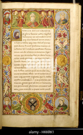 Cette feuille du manuscrit 'Vita Zenobii Juliani da Girolamis' d'Attavante Attavanti présente des illustrations religieuses et historiques complexes. Le revers ouvert révèle d'autres détails de cette œuvre de l'époque de la Renaissance, une œuvre d'art et de littérature précieuse du XVe siècle. Banque D'Images