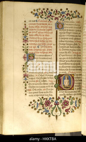 Cette feuille du bréviaire de Benedetto Bordon, logée au Walters Art Museum, présente une illumination complexe de la Renaissance. L'œuvre comprend des figures délicates et un symbolisme religieux typique des manuscrits italiens de l'époque. Banque D'Images