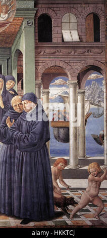 Ce détail de la fresque de Benozzo Gozzoli 'Death of qualifiée Monica' dépeint le moment serein du décès de Monica, reflétant la maîtrise de Gozzoli à la fois de l'expression et de la narration à travers l'utilisation délicate et vive des couleurs. Banque D'Images