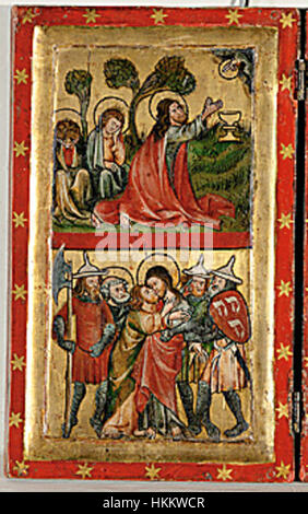 Un quadtyque médiéval représentant des scènes de la passion du Christ, se concentrant sur la prière du Christ à Gethsémani et la trahison par Judas, capturant des moments religieux clés. Banque D'Images