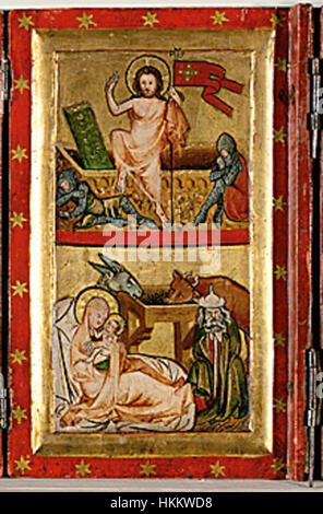 Ce quadtyque médiéval présente la Nativité du Christ et des scènes impliquant Marie et Joseph. Représentant une variété d'événements bibliques clés, il présente une iconographie complexe de la tradition chrétienne. Banque D'Images