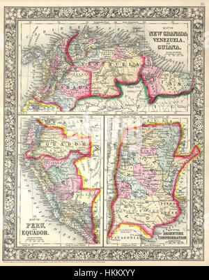 La carte de Mitchell de l'Amérique du Sud de 1860 offre une représentation détaillée des frontières géographiques du Pérou, de l'Équateur, du Venezuela, de la Colombie et de l'Argentine. Il fournit un aperçu précieux des frontières historiques et du paysage politique de la région au XIXe siècle. Banque D'Images