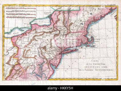 Cette carte de 1780 de Raynal et bonne fournit une vue détaillée du nord des États-Unis, mettant en valeur les premières connaissances géographiques. Il reflète la période coloniale et post-coloniale, avec des frontières et des colonies marquées dans un style typique de la fin du XVIIIe siècle. Banque D'Images