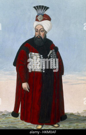 Ce portrait du sultan Ahmed II, peint par John Young, représente le souverain ottoman en tenue royale. La peinture met en valeur la présence impériale et le pouvoir d'Ahmed II au plus fort de l'Empire ottoman. Banque D'Images