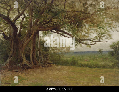 Une peinture préparatoire d'Albert Bierstadt pour 'le débarquement de Colomb', capturant les premières explorations historiques. L’étude met en lumière l’approche de Bierstadt sur les scènes historiques à grande échelle. Banque D'Images