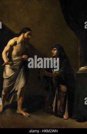 Une peinture à l'huile de Bartolomeo Manfredi intitulée 'Cristo appare alla Madre dopo la morte' (le Christ apparaît à sa mère après sa mort), représentant le moment de la résurrection du Christ d'une manière profondément émotionnelle et révérencieuse. Banque D'Images