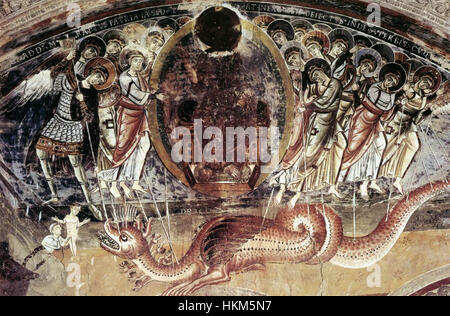 Cette peinture du XIe siècle, attribuée à des artistes inconnus, représente une scène dramatique d'un combat avec un dragon. L'œuvre reflète des thèmes mythologiques médiévaux, capturant la lutte héroïque entre l'homme et la bête. La peinture est un exemple de l’imaginaire médiéval et une représentation clé des traditions narratives de l’époque. Banque D'Images